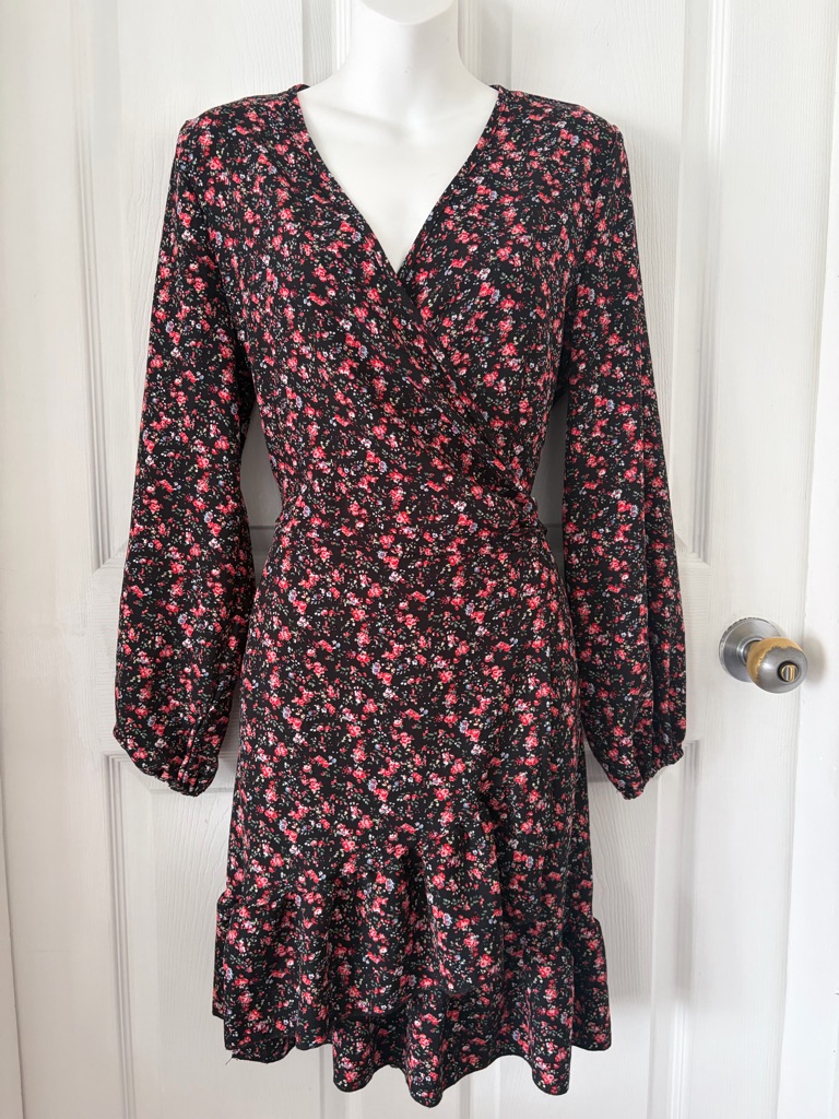 Women's Black Floral Wrap Dress With Burgundy Print